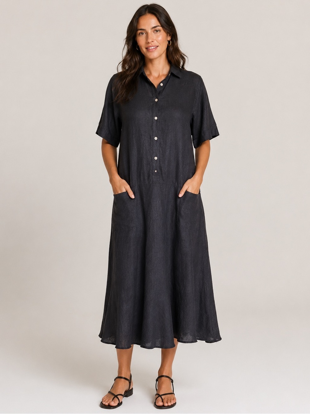 The Shanty Corporation Black Linen Midi Lagenlook Dress NWOT